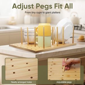 ชั้นวางจานไม้แบบปรับได้ พร้อมช่องเก็บของแบบ Pegboard สีไม้ธรรมชาติ ขนาด 15x30 ซม. - Product Image 4