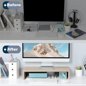 Wood Monitor Stand Desktop Computer Riser <b>Shelf</b> For Office Laptop <b>Desk</b> Organizer With Storage Space - Product Image 1