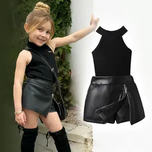 Children's summer new fashion girls vest top with PU lederhosen skirt belt children three-piece set