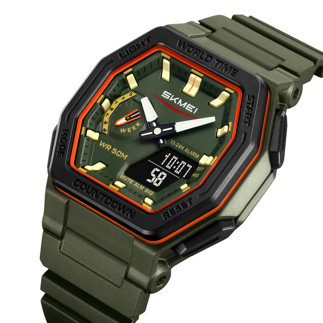 SKMEI 2438 Unisex Sports Watch 5ATM Waterproof Analog & Digital Display Square Case LED Backlight Resin Band for Men & Women