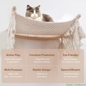 Hamaca de Pared para Gatos con Estante de Madera y Cuerda de Algodón, Mueble para Gatos Estilo Boho para Dormir y Escalar - Product Image 4