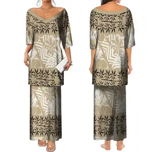 Hot Selling Custom Big V Neck Samoan Puletasi Half Sleeve Puletaha Long Top And Skirts Set Dresses Women Polynesian Clothing