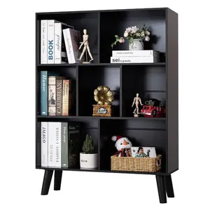 Black Wholesale 3 Tier ,7 Cube Mid-Century Modern Crisscross Partition Design Bookcase With Legs For Bedroom,Living Room,Office
