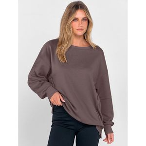 FOXA Sweat-shirt oversize pour femme, col rond, épaules tombantes, fentes latérales, pull ample en coton et fibre de bambou tricoté respirant - Product Image 6