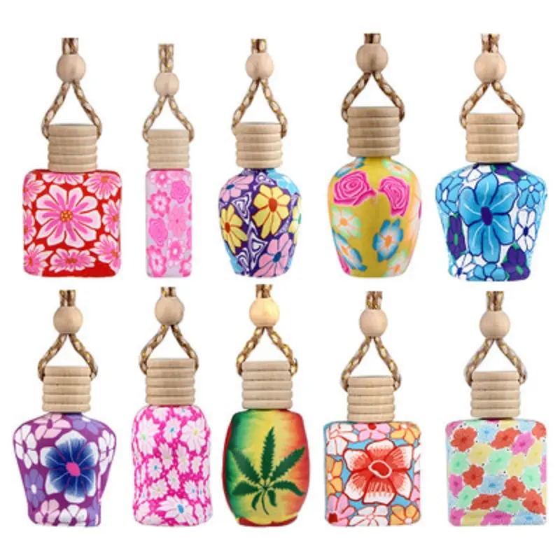 Floral Art Printed Hanging Car Air Freshener Fragrance Diffuser Bottle Random Color Empty Glass Perfume Bottle Car Decor Gift