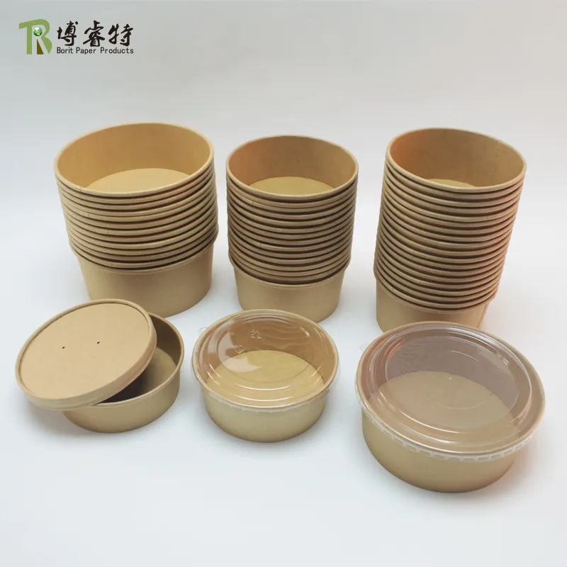 Disposable Wholesale Custom Logo Lunch Paper Food Container Takeaway Packaging Kraft Paper Round Salad Bowls With Lids