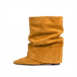 Bottines sexy pour femmes à bout pointu, talon compensé, pliables, en faux daim, froncées et drapées, grandes tailles - Product Image 4