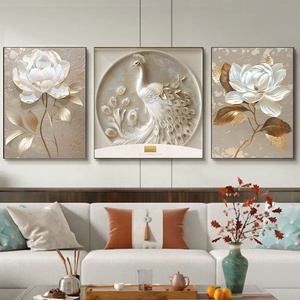 Moderno Lussuoso Quadro a Tre Pannelli con Pavone, Decorazione per Soggiorno e Camera <span class=keywords><strong>da</strong></span> Letto, Stampa UV 3D su Pelle con Rilievo - Product Image 1