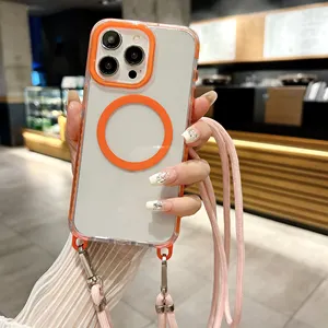 Colored Border Case With Removable Lanyard For IPhone 15 14 13 12 11 Clear Magnetic Wireless Charge Phone Cover For IPhone Case