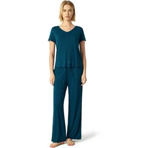 Pijamas para Mujer, Camiseta de Manga Corta, Pantalones Anchos, Conjunto de Ropa de Dormir de Algodón y Bambú - Product Image 1