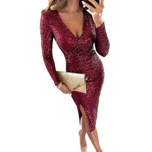 Verão Outono Nova Lantejoula Fenda Ombro Collar Quadrado Slim Fit Plain Tingido Midi Eco Anti-Rugas Casual Party <span class=keywords><strong>Dress</strong></span> 2XL - Product Image 6