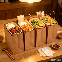 Sac à emporter en papier kraft écologique avec poignées torsadées, plates ou sans poignées, pour restaurants, emballages de restauration rapide