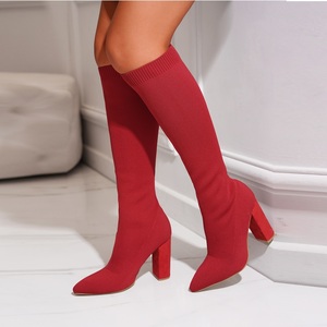 2025 Knee High Heels Pointy Sexy Stretch Fabric Knitted Chunky Heel Long <b>Boots</b> for Women - Product Image 2