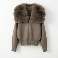 Cardigan décontracté pour femme, col en V, tricoté à l'ordinateur, uni, manches longues, avec col en vraie fourrure de renard, veste courte zippée pour l'automne