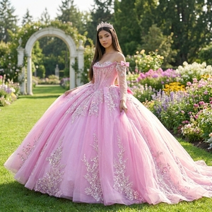 Robe de bal de Quinceañera de luxe Lsmc144 rose, longue, avec corset perlé aux épaules, en tulle scintillant, appliques florales, soutien-gorge intégré, traîne chapelle - Product Image 1