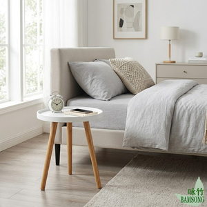 Table d'appoint blanche à bord surélevé, plateau rond en bambou naturel, pieds trépieds, style nordique simple, table basse de canapé, table d'appoint pour la maison - Product Image 6