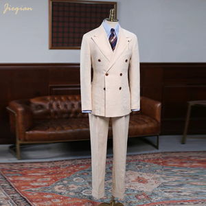 Costume 3 pièces sur mesure <span class=keywords><strong>de</strong></span> luxe beige en mélange <span class=keywords><strong>de</strong></span> laine australienne coupe ajustée pour homme, idéal pour mariages et affaires haut <span class=keywords><strong>de</strong></span> gamme - Product Image 2