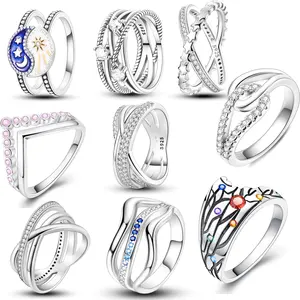 100% 925 Sterling Silver Multilayer Entanglement Stars Moon Sun Crown Sparkling Zircon Finger Rings Fine Jewelry Wholesale