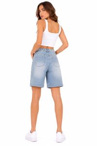 Shorts in Denim a Vita Alta con Orlo Sfilacciato, in Cotone Stonewashed, Stile Casual per l'Estate - Product Image 3