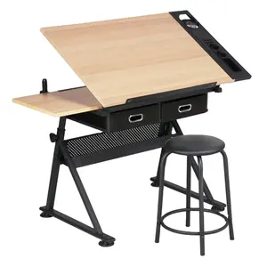 ZOIFUN高品质高度可调艺术家书桌倾斜桌面绘图桌，带2个储物和凳子