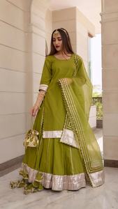 Super Quality Falguni <b>Green</b> <b>Long</b> Kurta <b>Skirt</b> Set with Potli Bag and Multi Size Available Plain Pattern Kurta <b>Skirt</b> Set - Product Image 6