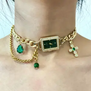 Venta caliente nuevo diseño de personalidad collar Vintage 18K chapado en oro moda mujer reloj gargantilla cuadrado verde circón collar