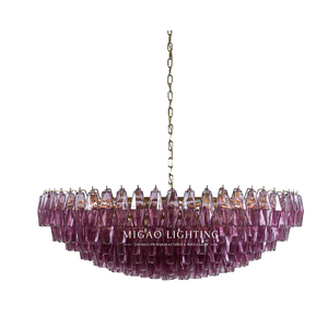Lámpara de Araña de Cristal Acanalado Magenta Estilo Medieval Francés, Colgante de Lujo para Decoración de Villas, Salas de Estar y Comedores con Techos Altos - Product Image 1
