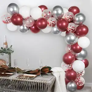 بالونات حمراء اللون طقم قوس جارلاند بالونات فضية حمراء بيضاء مستلزمات تزيين حفلات البكالورية