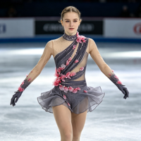 Robe de patinage artistique gris foncé en maille à manches longues avec fleurs 3D et strass pour enfants et adultes, idéale pour les compétitions et spectacles de patinage sur glace
