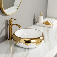 Lavabo décoratif électroplaqué, lavabo de comptoir plaqué or, lavabo moderne en céramique doré et blanc pour salle de bain