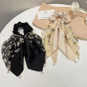Coleteros coreanos con lazo de mariposa, banda elástica para el cabello con perlas, accesorios para el cabello con estampado floral - Product Image 2