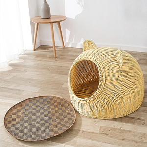 Dog Cat Kennel in Home Replaceable Covers Handmade Generic Rattan Woven Semi Enclosed Pet Villa Cat <b>Nest</b> House Dog <b>Bed</b> - Product Image 3