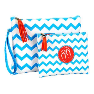 PU Candy Skype Blue Weave Stripe Small Portable Makeup Case Custom Cosmetic Pouch Bag