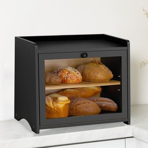 Caja de Almacenamiento de Pan de Bambú de Doble Capa, Organizador de Cocina de Escritorio, Contenedor de Alimentos y Artículos Diversos, Color Negro Oscuro Madera - Product Image 1