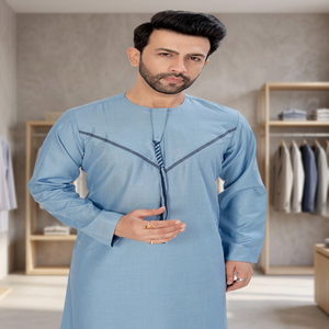 <b>Men's</b> Light Blue Polyester <b>Thobe</b> Neck Long Sleeve Embroidered Detail Casual Daily Wear Floor Length Regular Fit Middle East - Product Image 5
