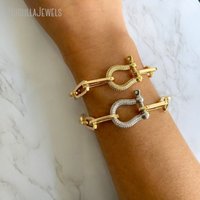 BM49486 Bracelet empilable en acier inoxydable avec chaîne épaisse à maillons trombone, fermoir mousqueton à vis, fermoir fer à cheval et breloque U Lock, bijoux équestres