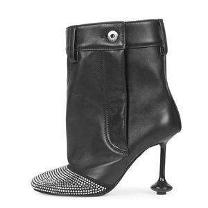 Strange Custom Heels Women's Button Short Boots Square Toe Diamonds Patchwork Ankle Booties Stage Designer Wide Top <b>Shoes</b> - Product Image 2