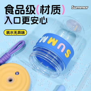 ขวดน้ำพลาสติกน่ารักพร้อมหลอดดูด ฝาเกลียว ปลอดสาร BPA สำหรับนักเรียน พกพาสะดวก มีหูหิ้วแบบเชือก ดีไซน์สำหรับฤดูร้อน - Product Image 2