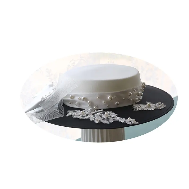 A369 New black and white patchwork satin patch diamond bow elegante abito da sposa accessori fotografici cappello a tesa larga