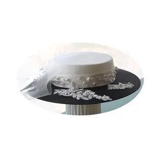 A369 New preto e branco patchwork patch de cetim diamante arco elegante vestido de noiva fotografia acessórios larga brim top hat