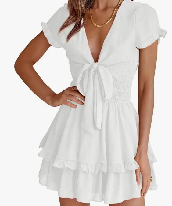 Women's 2024 Summer Swing Mini Dress Tie Front V Neck Short Sleeve Ruffle Layer A-Line Short Dress