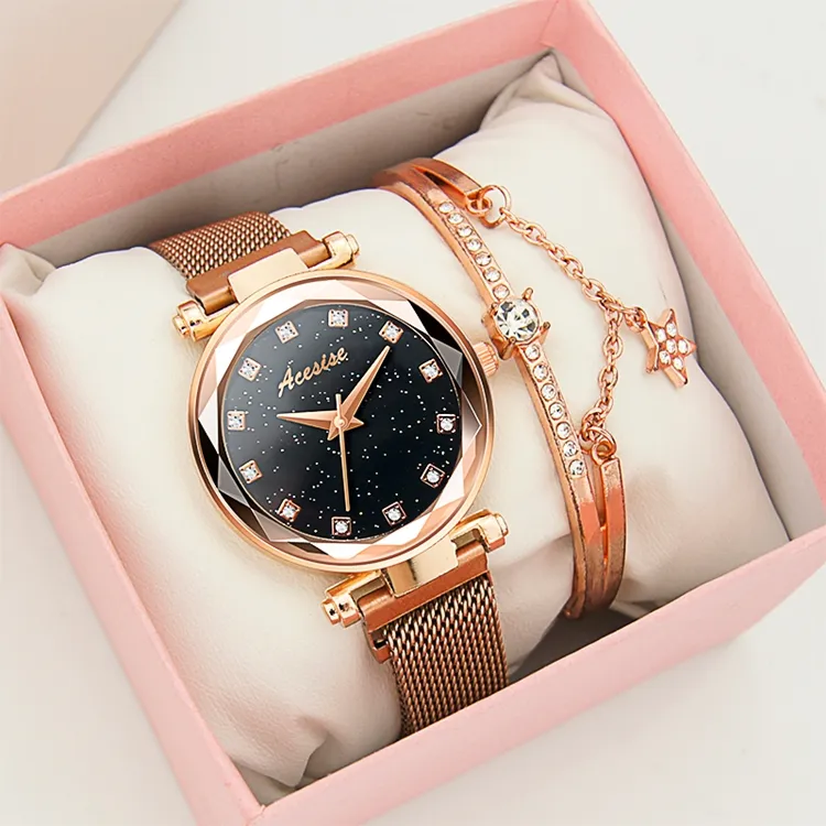 New Fashion 2021 Ladies Wrist Watches for Women Rose Gold Magnet Starry Sky Diamond Quartz Watch Clock Ladies Watch Reloj Mujer