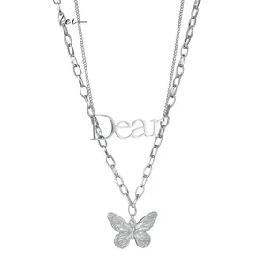 Japanese and Korean simple net red letter butterfly double-layer necklace female stainless steel niche all-match stacked neck je