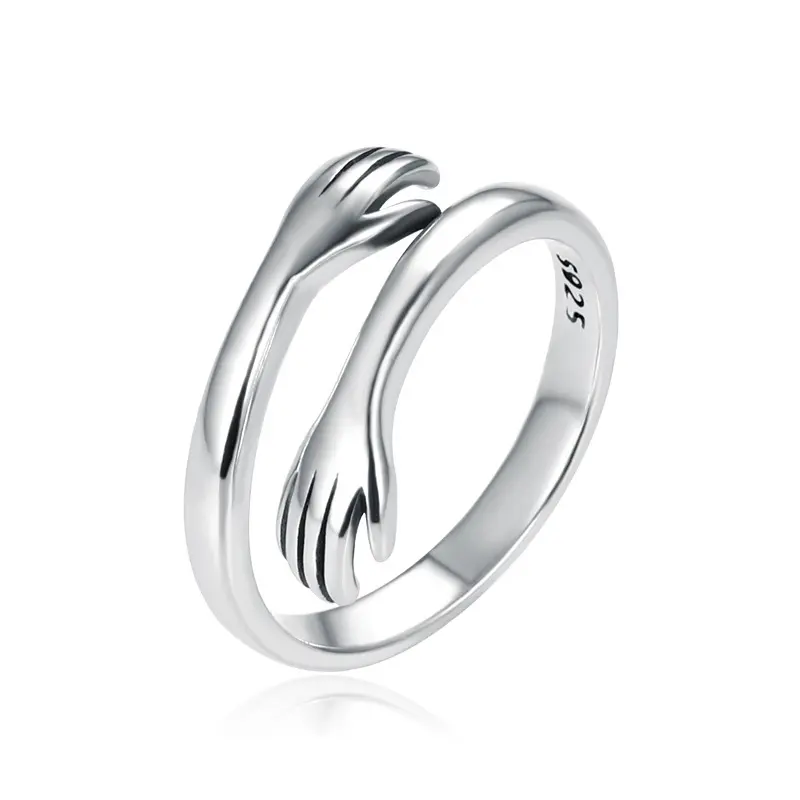 Trending Custom Letter Ring Hands Hug Pure Mens Minimalist Silver Sterling 925 Rings