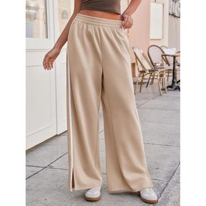 Pantalon large pour femme, taille haute, élastique, fente latérale, décontracté, avec poches, kaki, tissu tricoté respirant - Product Image 3