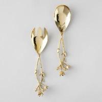 Ensemble de 2 cuillères et fourchettes à salade en acier inoxydable, design moderne et luxueux, avec manche floral doré, finition poli miroir