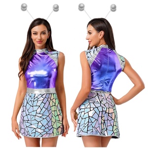 Disfraz de alienígena espacial para mujer, falda holográfica de vidrio rotado, vestido metálico, conjuntos de diadema, vestido de fiesta galáctico para escenario, personalizado - Product Image 2