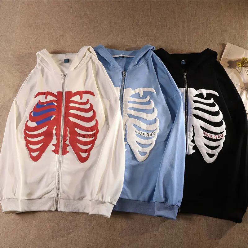 Y2k Hoodie Harajuku Korean Style Loose Skeleton Zip Up Hoodie Goth Grunge Long-sleeved Jacket Retro Oversized Sweatshirt