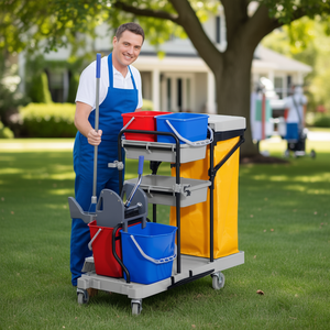 Carrello Multiuso per Pulizie Completo Grigio con Contenitori e Secchio per Uso Professionale - Product Image 3