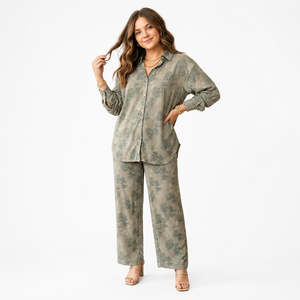Ensemble de pyjama en satin pour femmes, manches longues, imprimé floral, été automne, respirant, pantalon long, deux pièces - Product Image 1